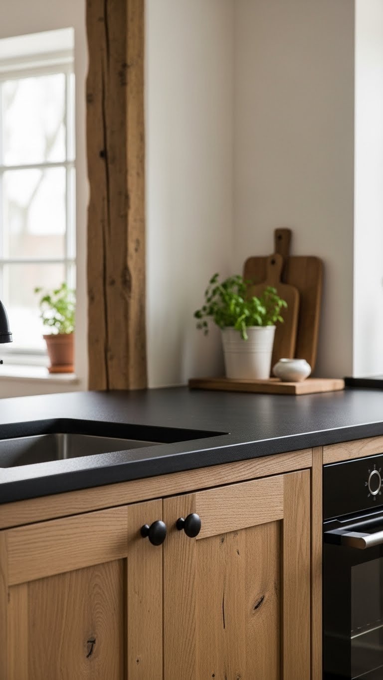 Rustic kitchen counter with matte black countertop contrasting warm wood cabinets in soft natural light