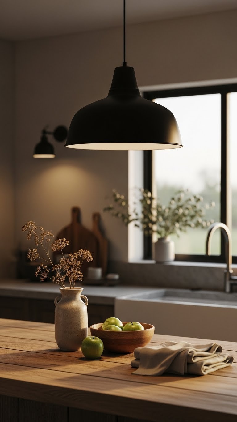 Rustic Minimalist Kitchen: 7 Steps To Timeless Design 11 Rustic kitchen featuring matte black pendant light over wooden island with ceramic vase and linen towels.