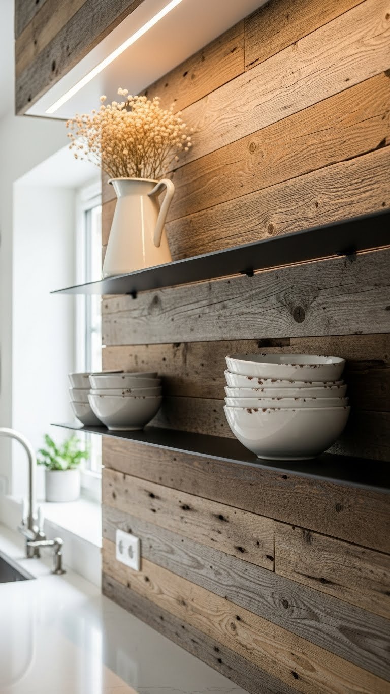 Rustic kitchen floating shelf display with black metal shelves holding vintage ceramic pitcher and distressed white bowls against reclaimed wood wall