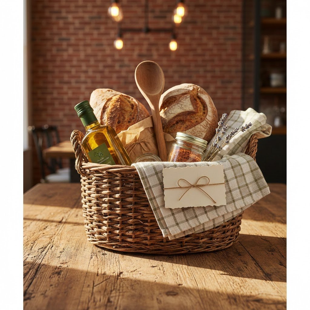 Rustic kitchen gift basket overflowing with olive oil, artisan bread, and gourmet spices on wooden table