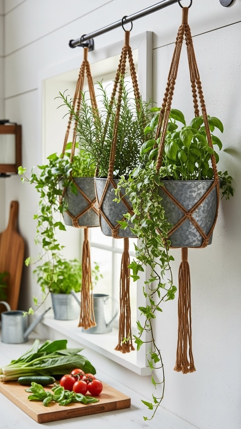 Rustic kitchen hanging planters with terracotta pots overflowing with herbs suspended from wooden beam