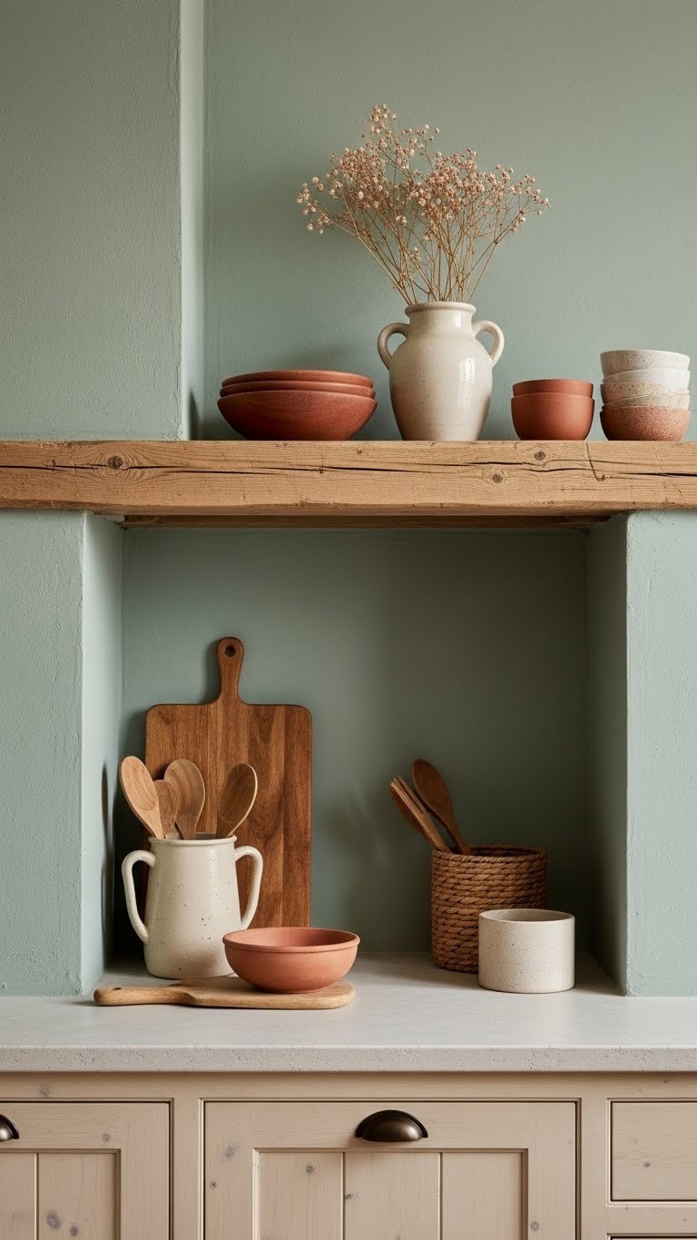 Rustic kitchen interior with sage green walls, cream cabinetry, and terracotta accents in serene daylight