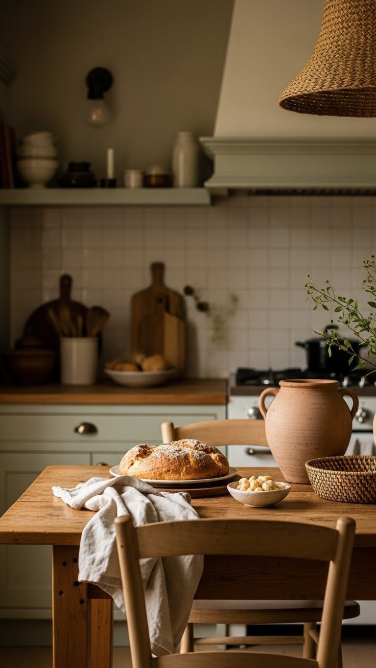 Rustic kitchen interior with sage green walls, creamy cabinetry, and warm natural wood elements