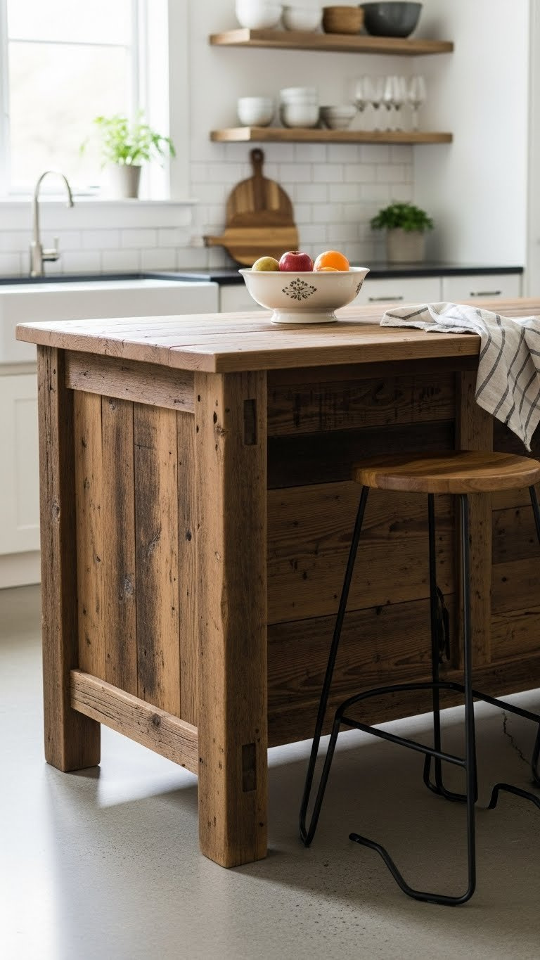 Rustic kitchen island crafted from reclaimed wood with distinct grain patterns, minimalist bar stools, and soft natural lighting against a blurred subway tile background.