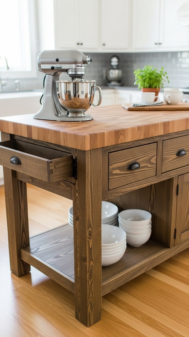 Rustic kitchen island featuring a thick butcher block top with drawers and storage cabinets, stainless steel mixer with white ceramic bowls in bright daylight.