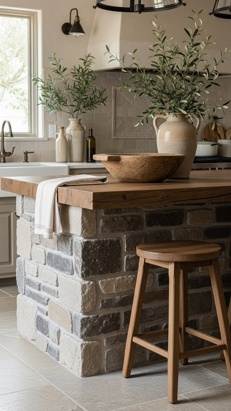 Rustic kitchen island with natural stone base, rugged wood top, rough-hewn wooden bowl, and ceramic bottles in Mediterranean-style kitchen setting.