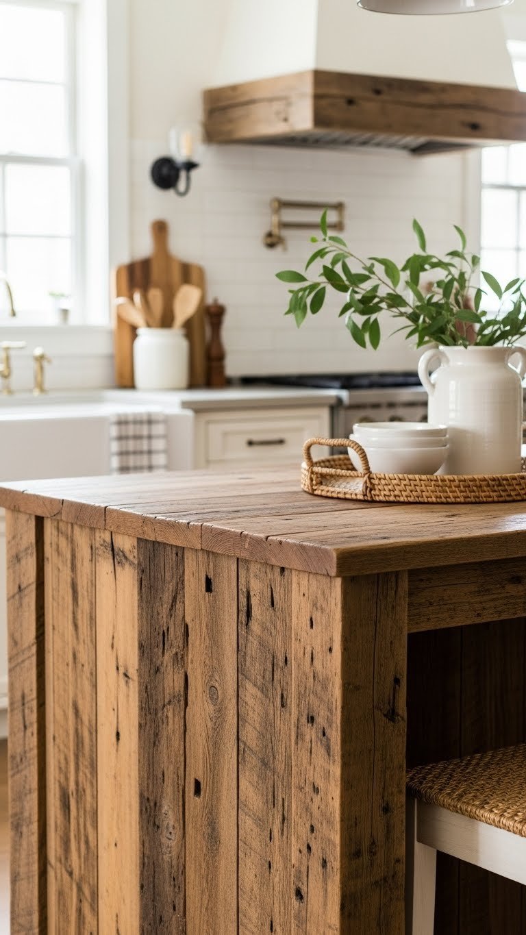 Rustic kitchen island with rich reclaimed wood texture showcasing natural grain and knots in warm golden lighting