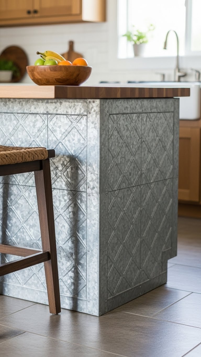 Rustic kitchen island wrapped in galvanized tin skirt contrasting with warm wooden countertop and woven bar stools in daylight.