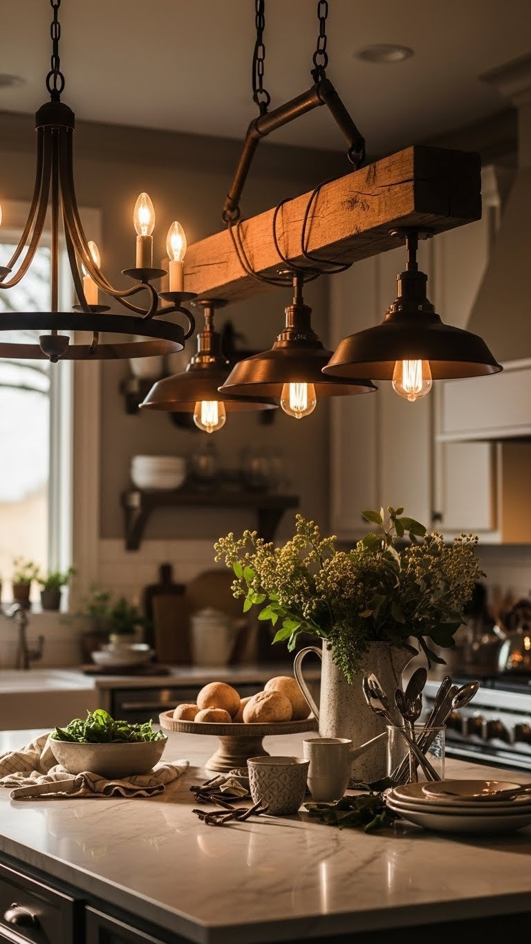 Rustic kitchen lighting fixture with wrought iron chandelier casting warm glow above island
