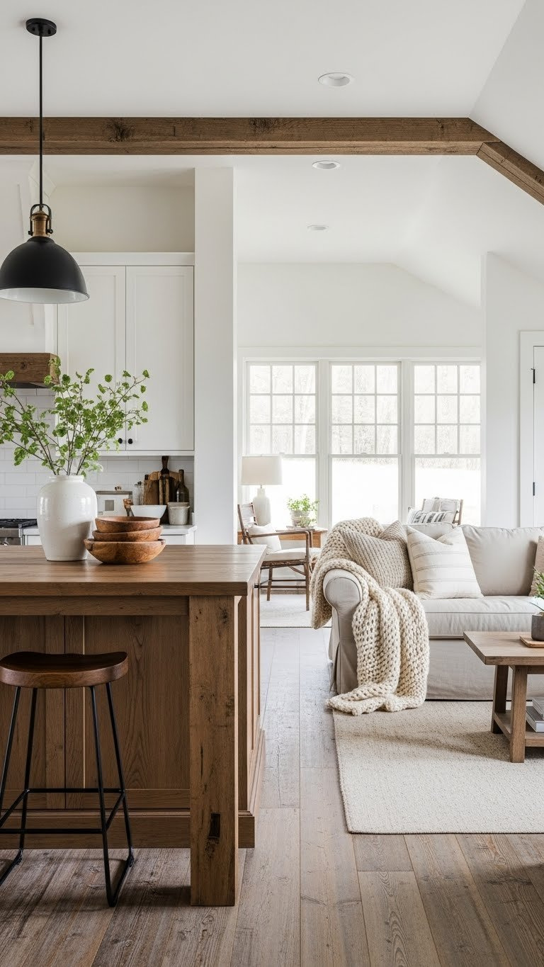 Rustic kitchen living room combo featuring a large sectional sofa and wooden kitchen island with soft natural lighting and warm earthy color palette