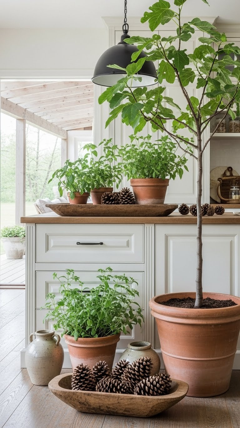 Rustic kitchen living room combo with natural elements including potted fig tree, herbs, and botanical decorations in fresh green palette