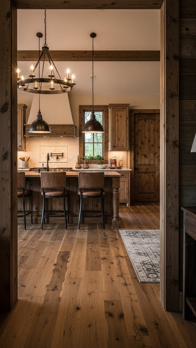 Rustic kitchen living room transition space illuminated by wrought-iron chandelier and pendant lights during golden hour