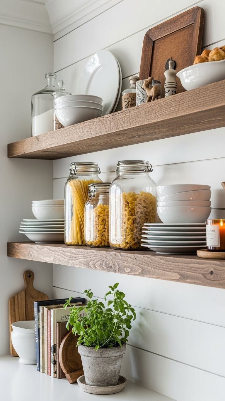 Rustic kitchen open shelving display with distressed wooden shelves holding white ceramic dishes and glass spice jars
