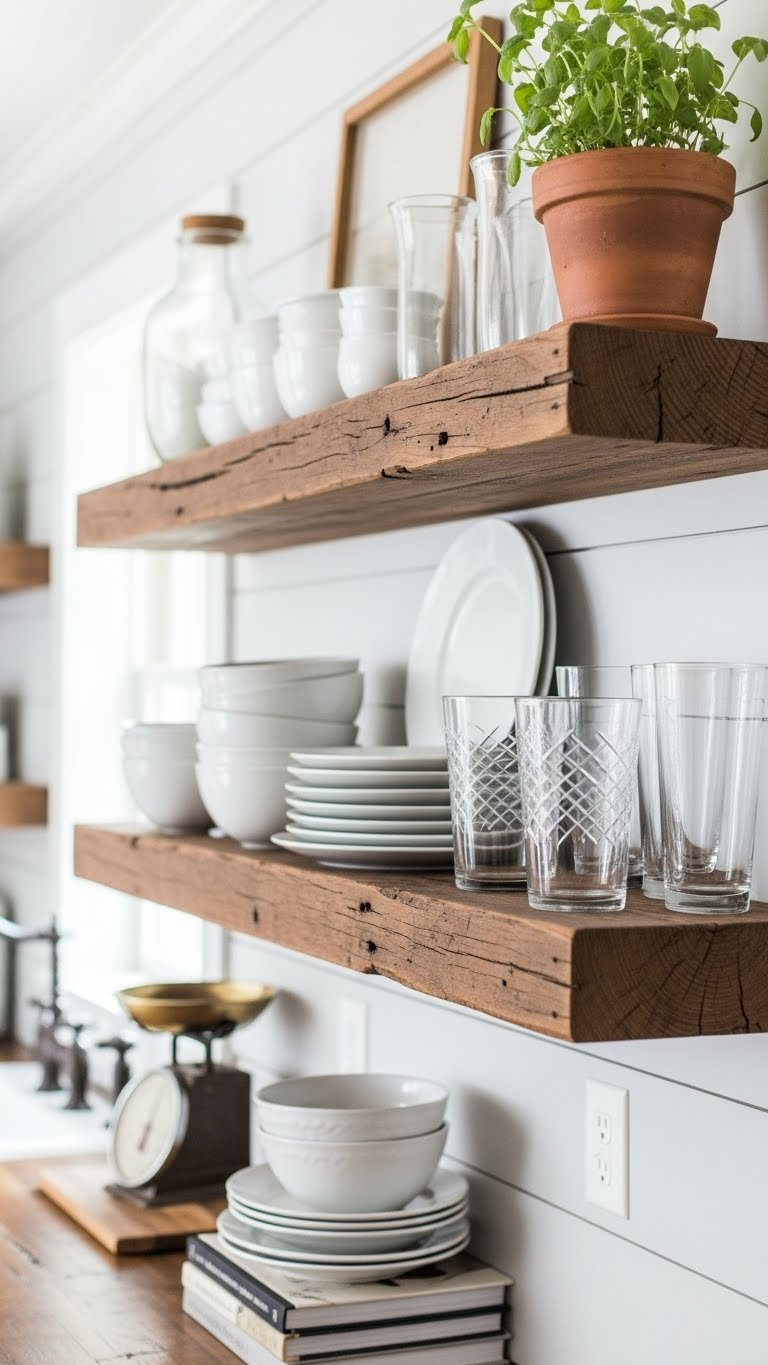 Rustic Kitchen On A Budget: 11 Genius Diy Ideas For Any Home 3 Rustic kitchen open shelving with reclaimed wood shelves displaying white ceramic dishes and vintage glassware