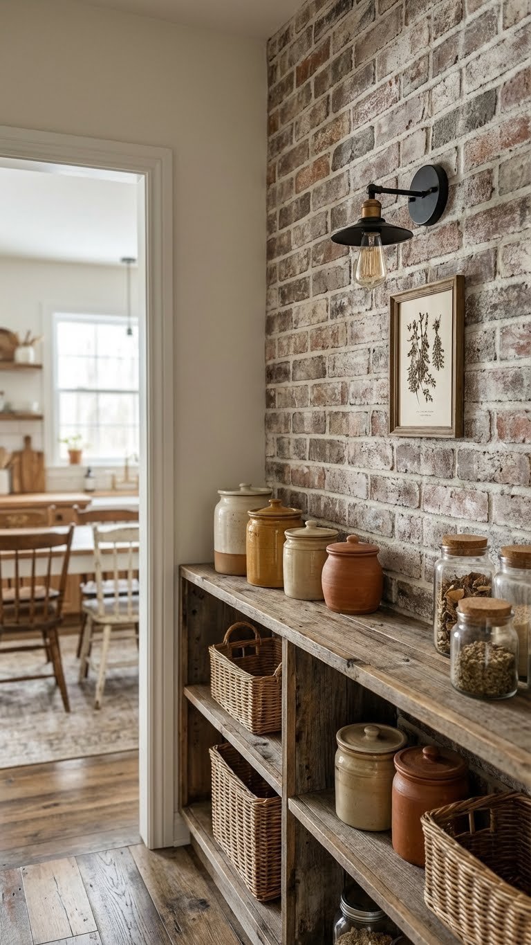 Rustic kitchen pantry features a textured faux brick accent wall behind open wood shelving with rustic decor.