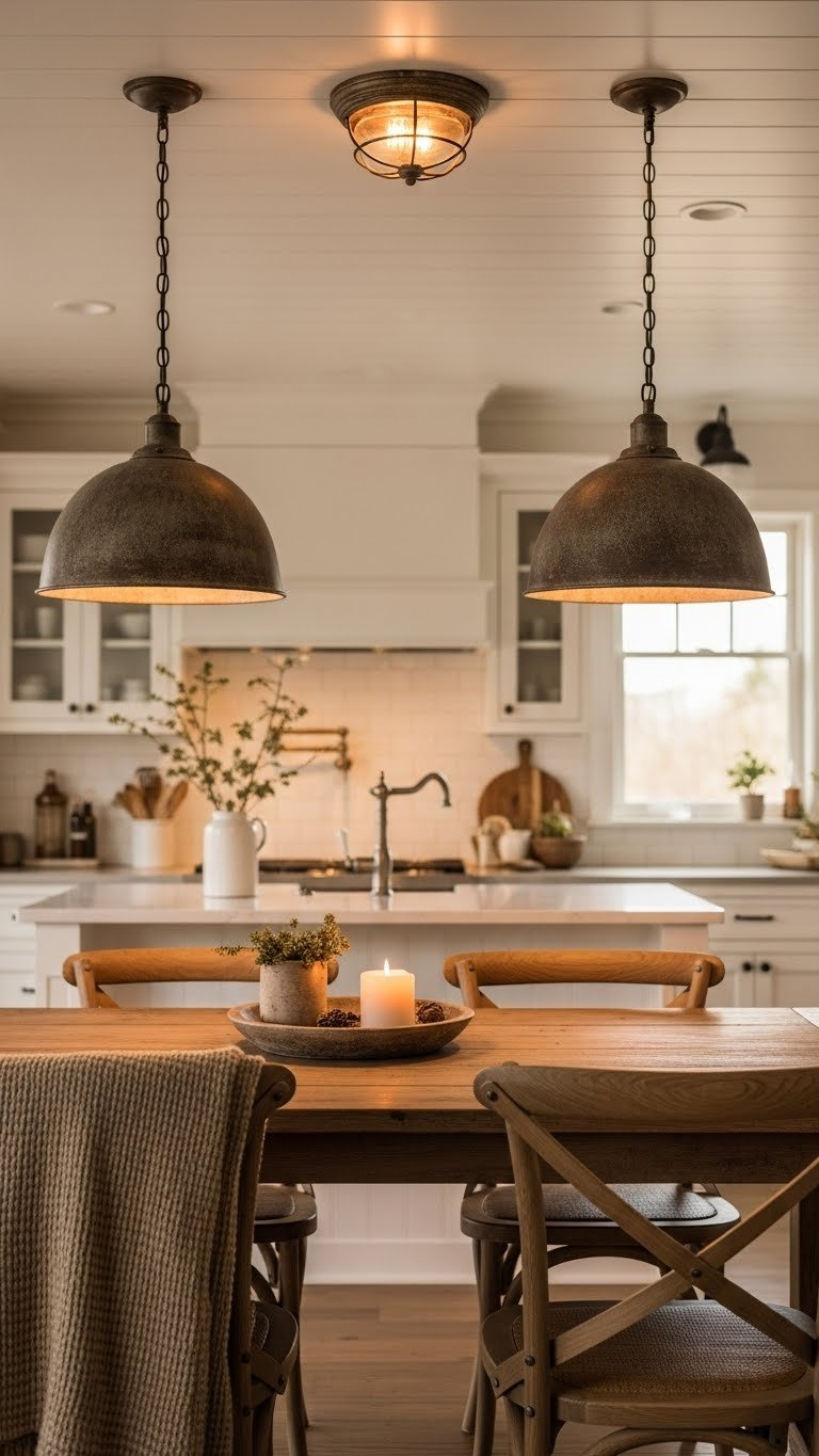 Rustic kitchen pendant lights casting warm glow over island with cozy throw blanket