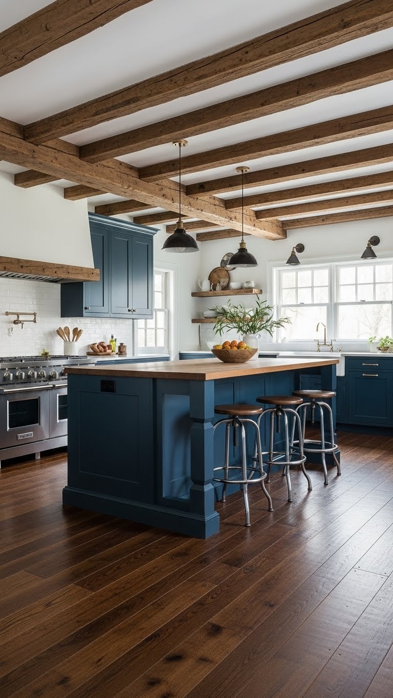 Rustic kitchen with exposed wood beams and wide-plank flooring contrasting with deep navy blue cabinetry