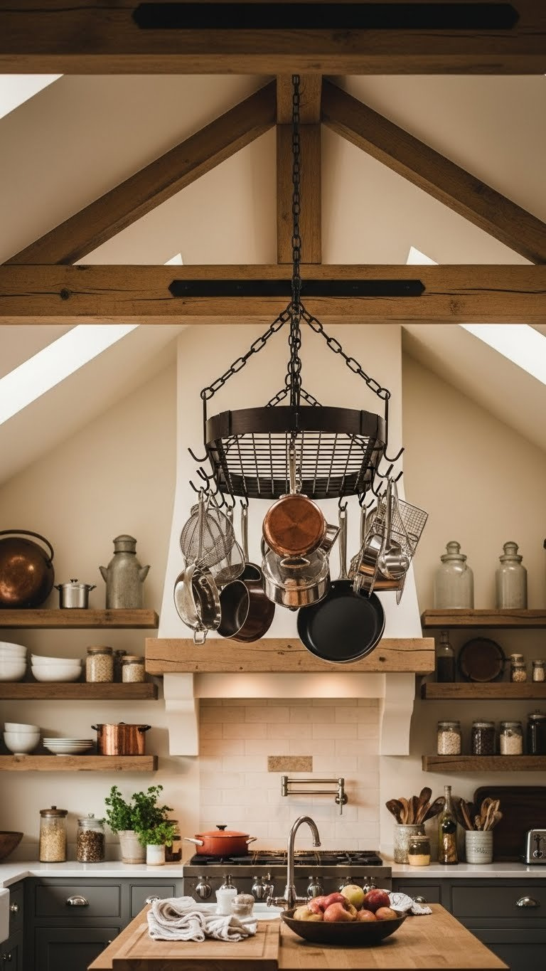 Rustic kitchen with exposed wood beams crossing vaulted ceiling suspending copper cookware and utensils