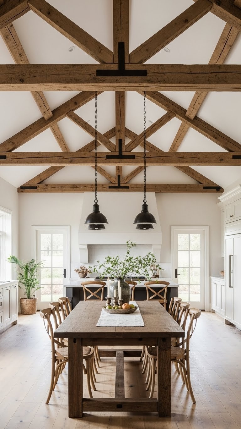 Rustic kitchen with vaulted ceiling featuring dark wood beams, warm natural light, and wrought iron pendant lights over a wooden dining table.