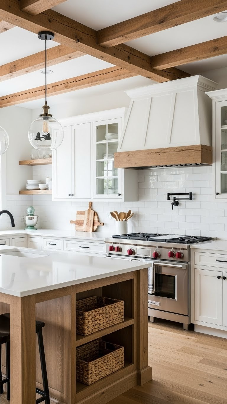 Rustic kitchen with white shaker cabinets and natural wood elements including exposed beam ceiling and wood island.