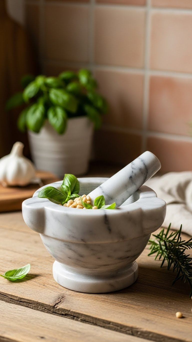 Rustic marble mortar and pestle with fresh basil leaves on distressed wood countertop in Tuscan kitchen setting