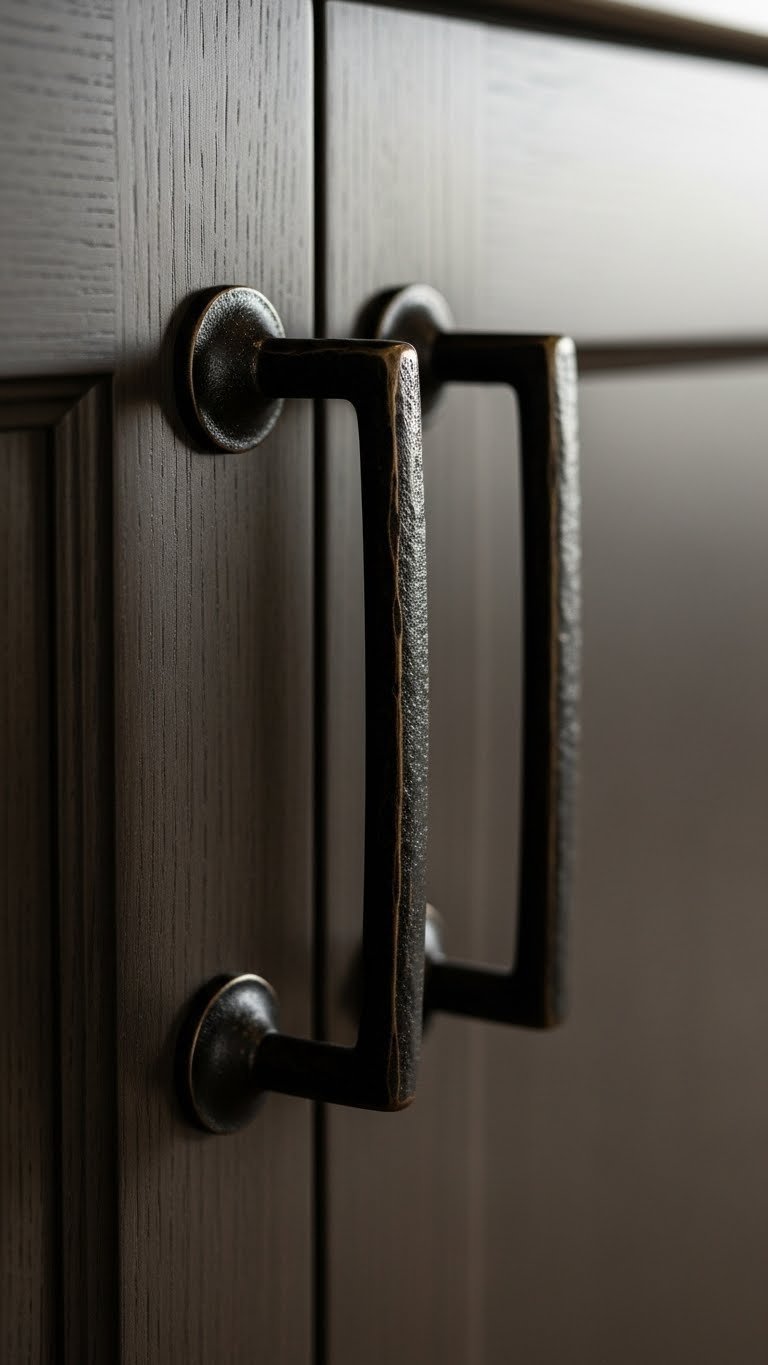 Rustic matte black cabinet pull on deep brown kitchen cabinet, highlighting metal & wood textures in soft natural light.