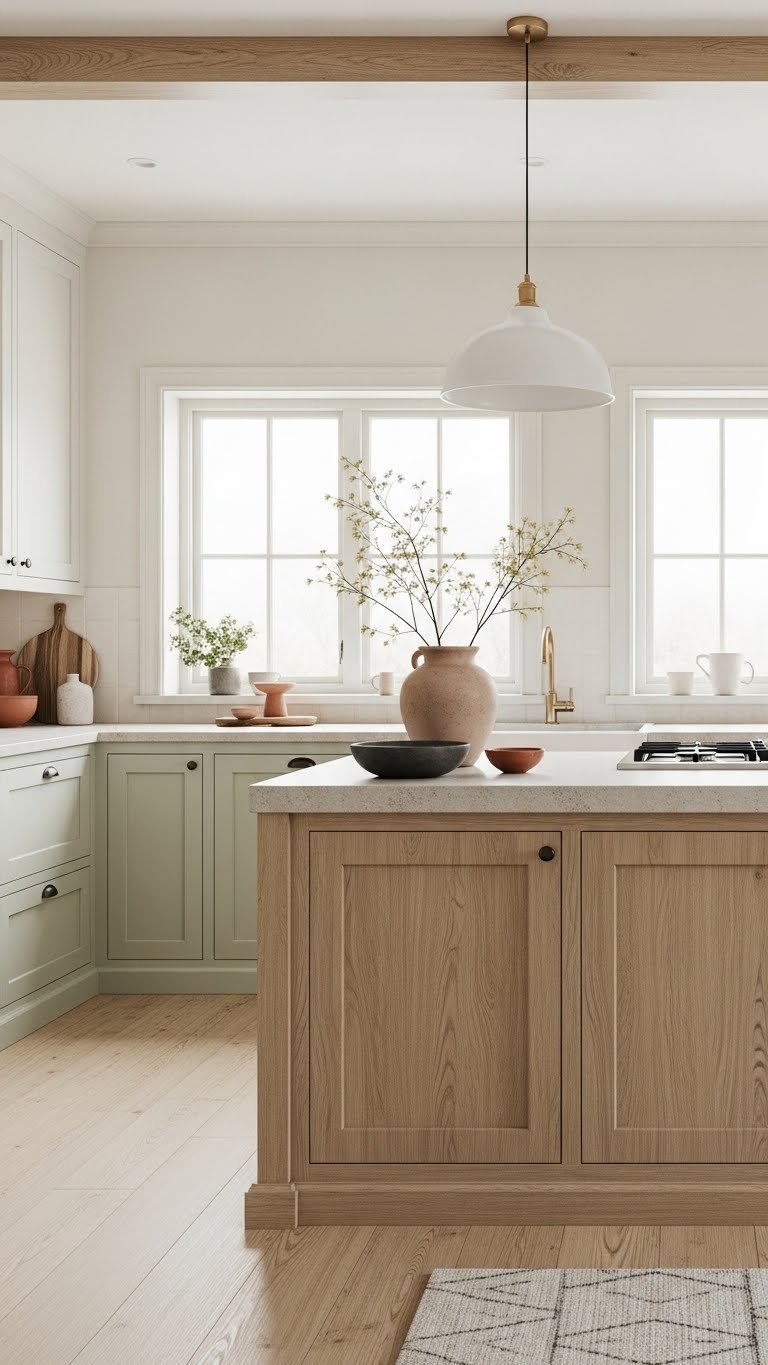 Rustic Minimalist Kitchen: 7 Steps To Timeless Design 13 Rustic minimalist kitchen interior with earthy color palette of warm whites, sage green, and natural wood tones.