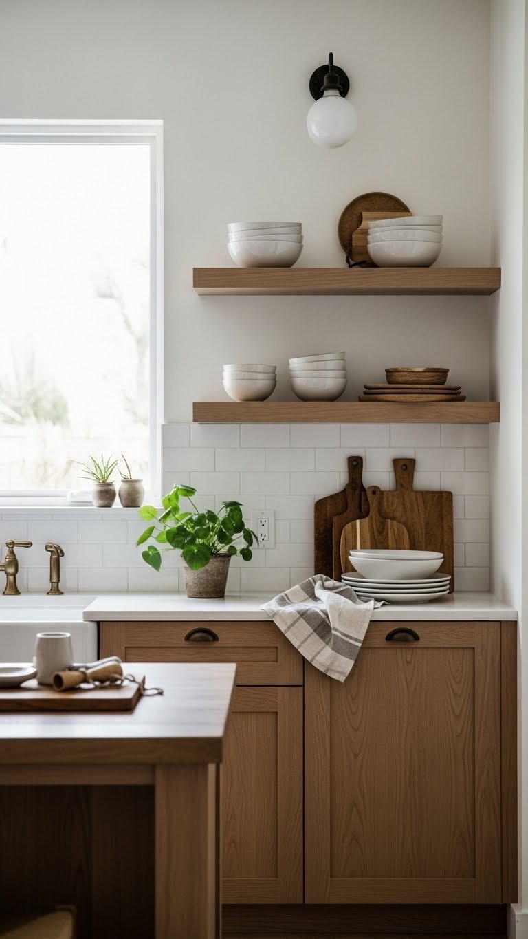 Rustic Minimalist Kitchen: 7 Steps To Timeless Design 7 Rustic minimalist kitchen with wooden base cabinets, floating open shelves displaying ceramic bowls and cutting boards.