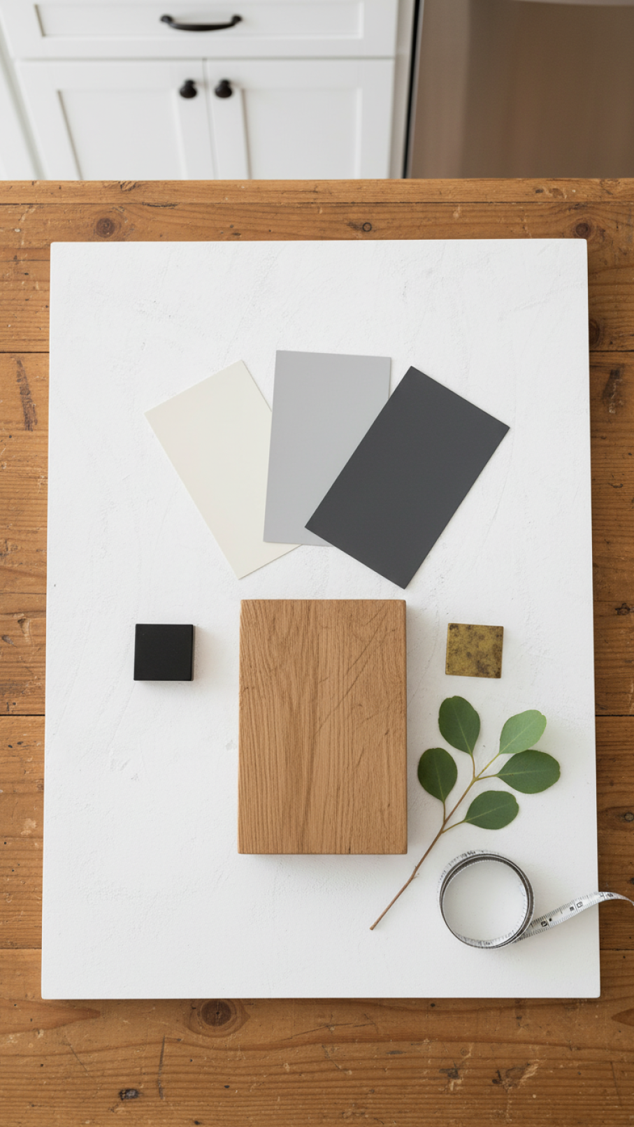 Rustic modern farmhouse kitchen mood board with warm white paint swatches, reclaimed oak wood sample, and matte black hardware on linen background