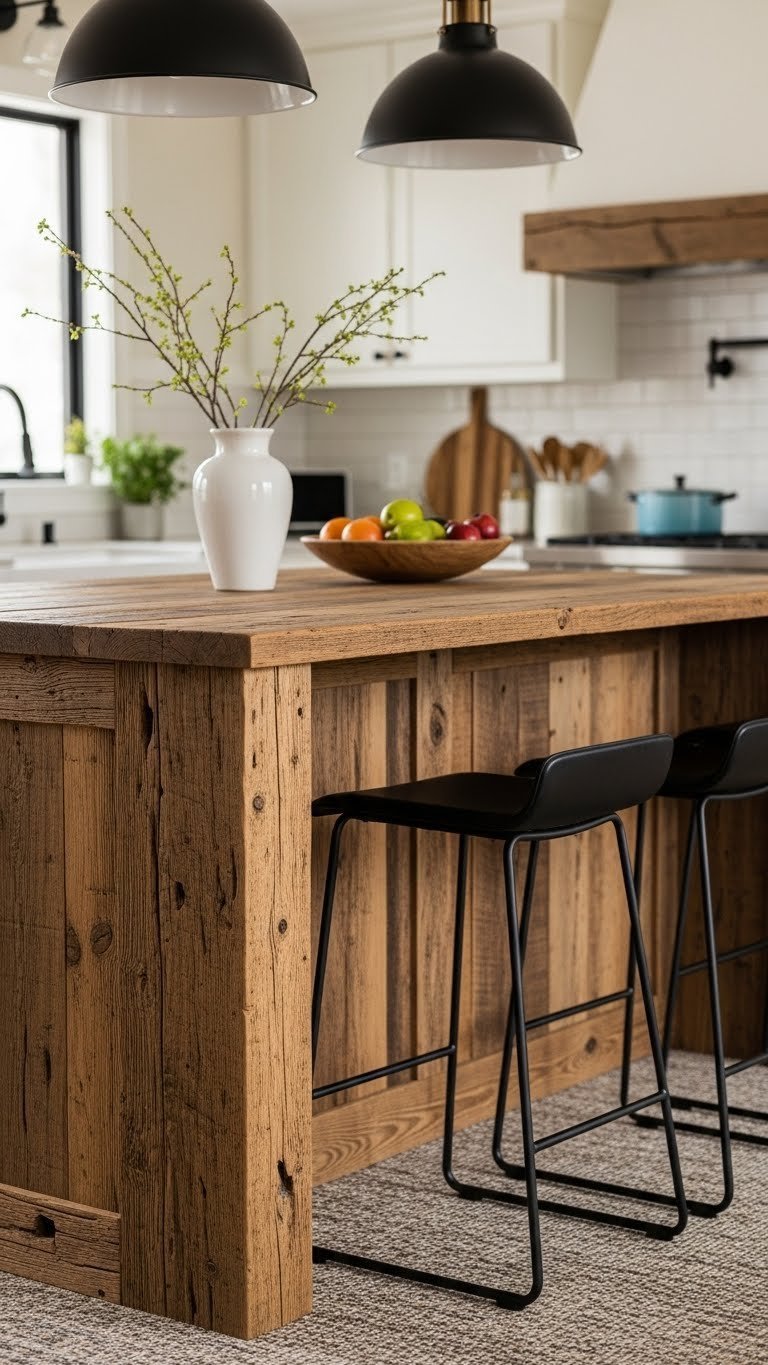 Rustic Modern Kitchen: 9 Ultimate Ideas To Transform Your Home 1 Rustic modern kitchen island with weathered reclaimed wood, black metal bar stools, and natural light in warm cream tones