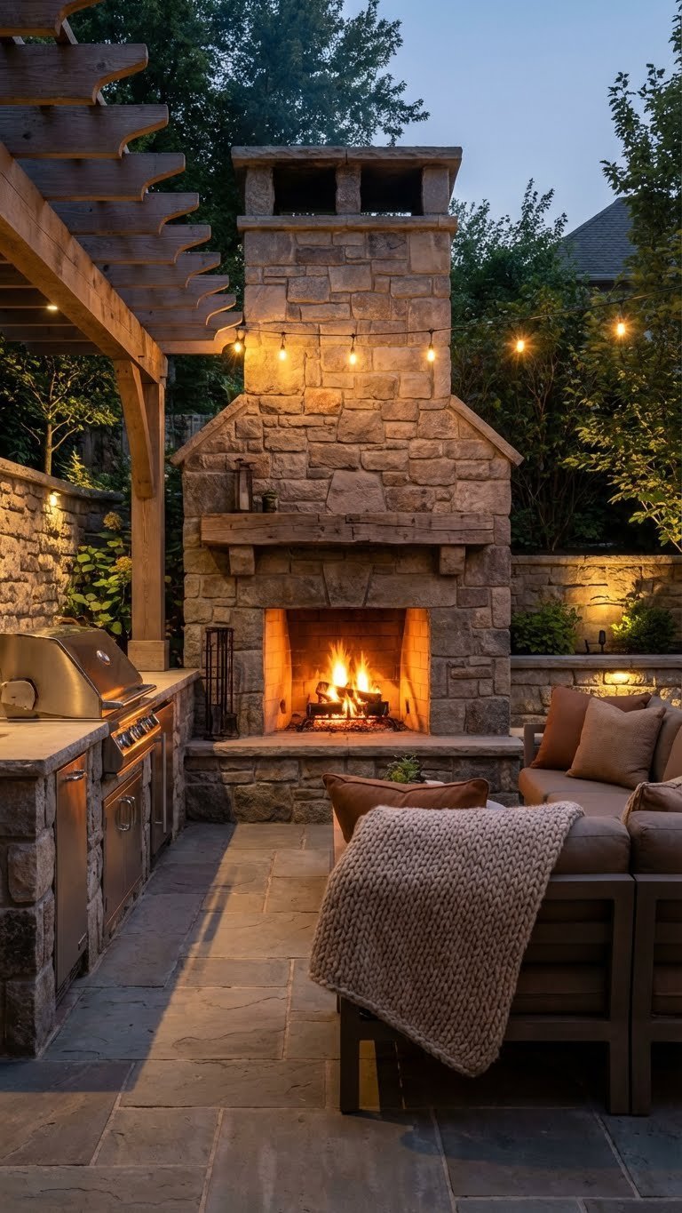 Outdoor Kitchen Extension Ideas That Create Seamless Indoor Outdoor 17 Rustic-modern outdoor kitchen with central stone fireplace and built-in grill for cozy entertaining