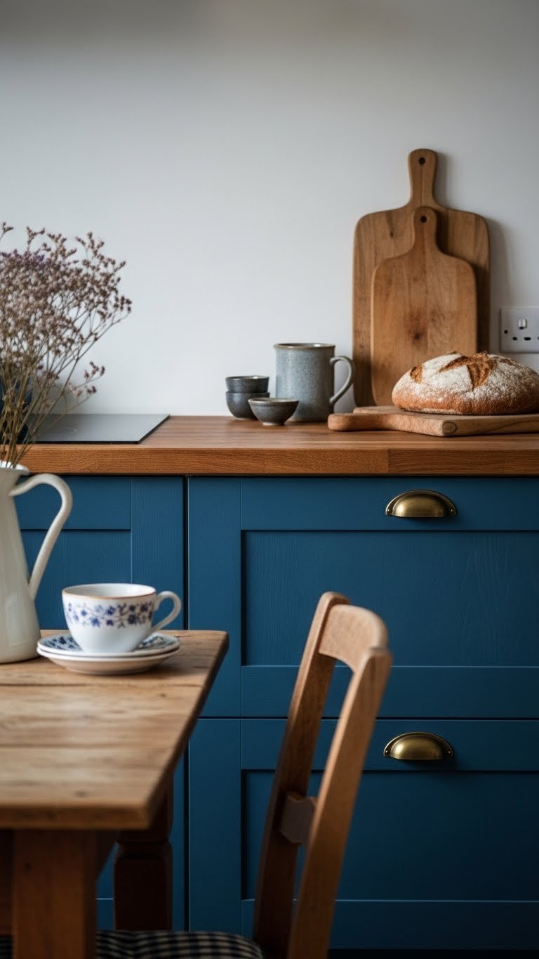 Rustic navy blue kitchen cabinets with butcher block countertops featuring ceramic pitcher and vintage bread board in cozy natural light