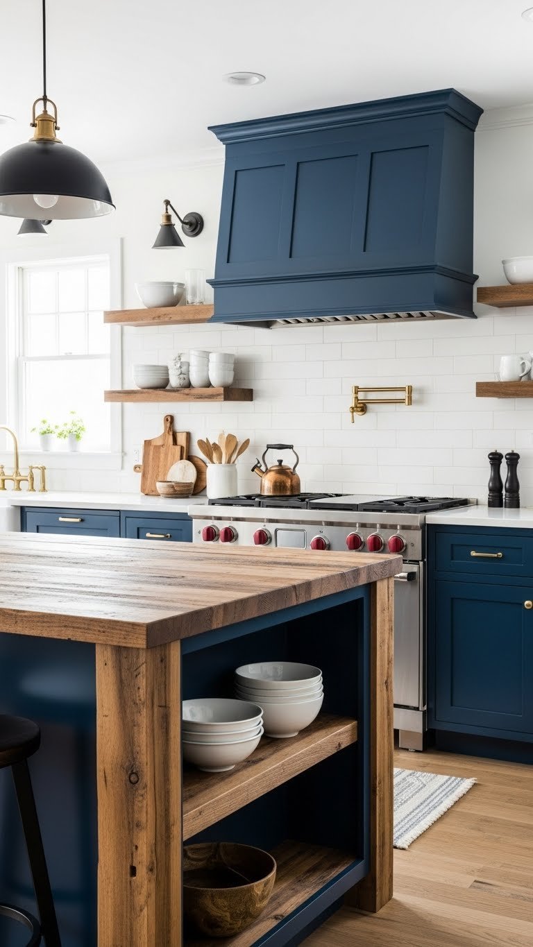 Rustic navy kitchen with matte blue cabinets and reclaimed wood island featuring minimalist white bowls and copper kettle in natural light