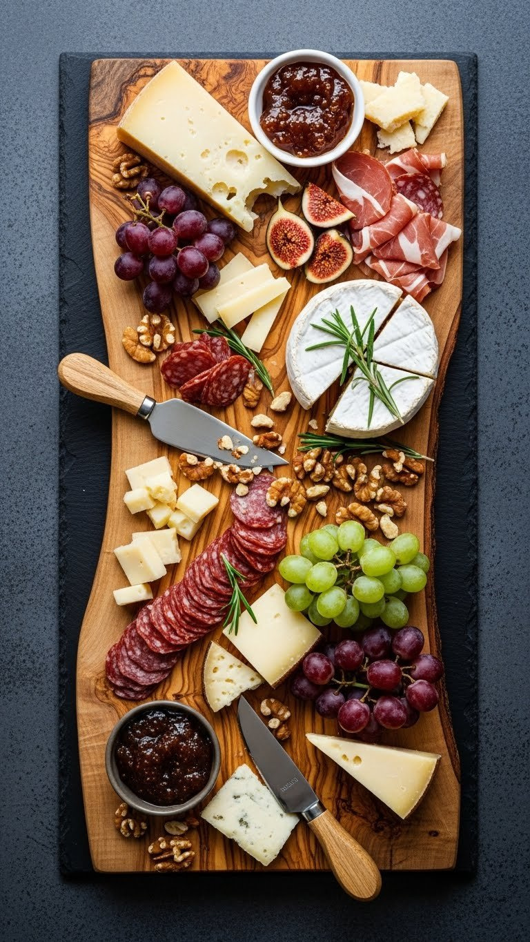 Rustic olive wood charcuterie board loaded with cheeses, cured meats, grapes and nuts