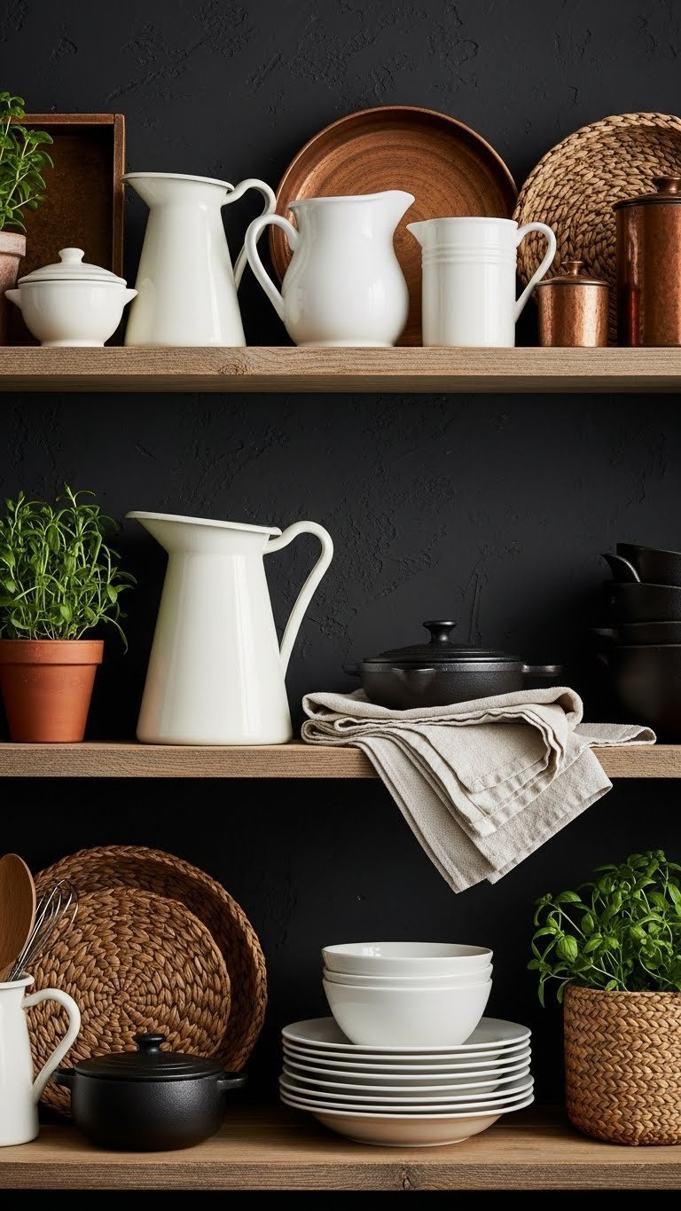 Rustic open shelves displaying vintage white ceramic pitchers and cast iron decor against a dark textured kitchen wall.