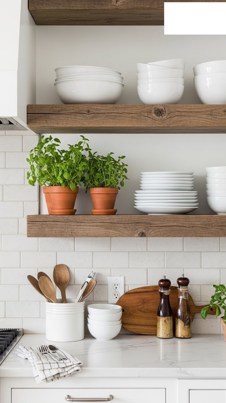 Rustic open shelving with ceramic bowls and potted herbs against textured backsplash in bright U-shaped kitchen