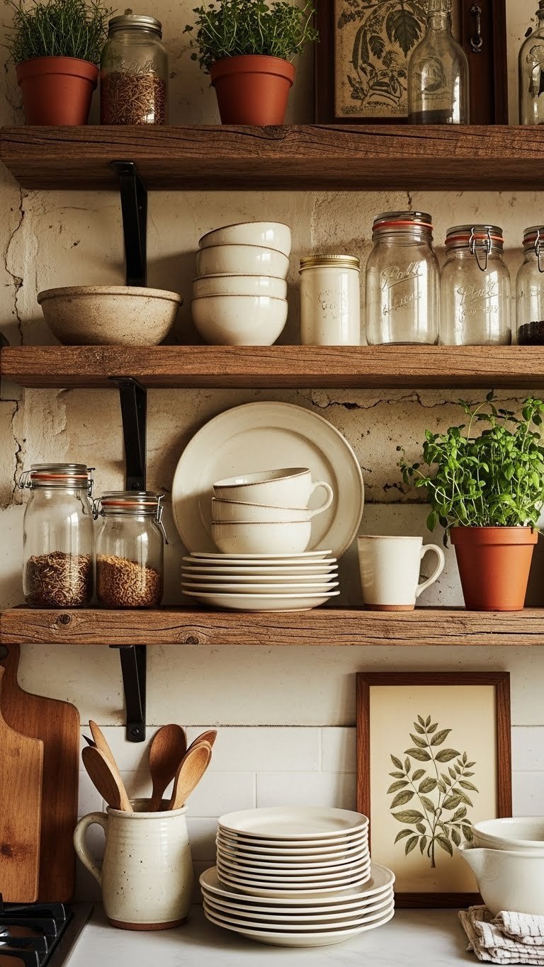 Rustic open shelving with vintage dishware, glass jars, and potted herbs on textured wall background
