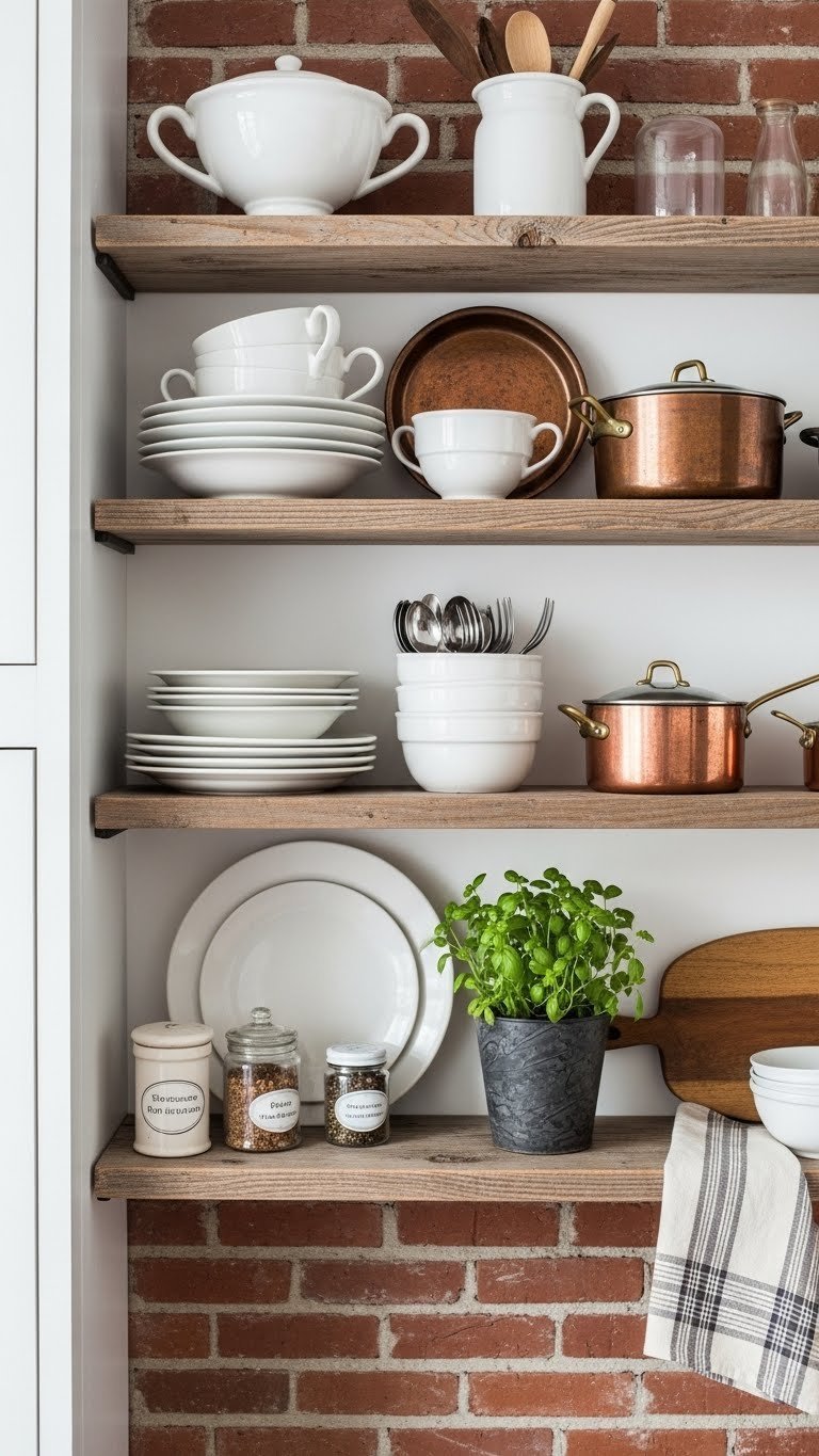 Rustic open shelving with white ceramic dishes and copper cookware displayed against exposed brick wall in small kitchen.