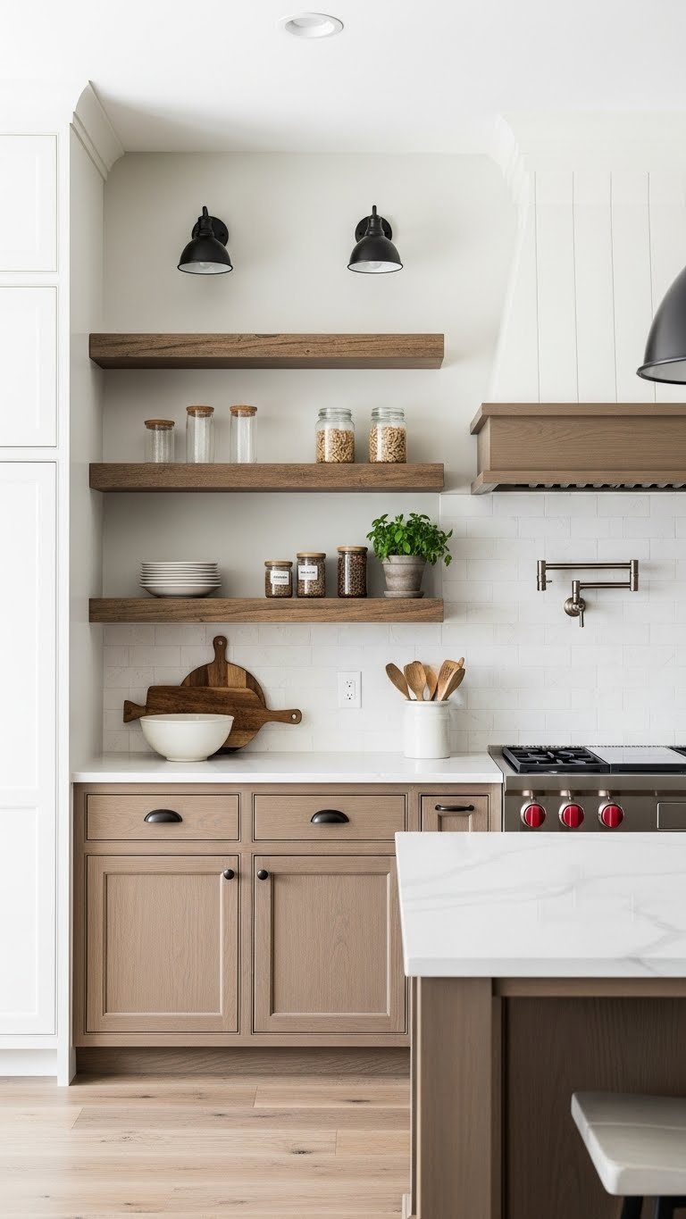 Rustic open wooden shelves interspersed with traditional closed cabinets creating balanced kitchen wall design