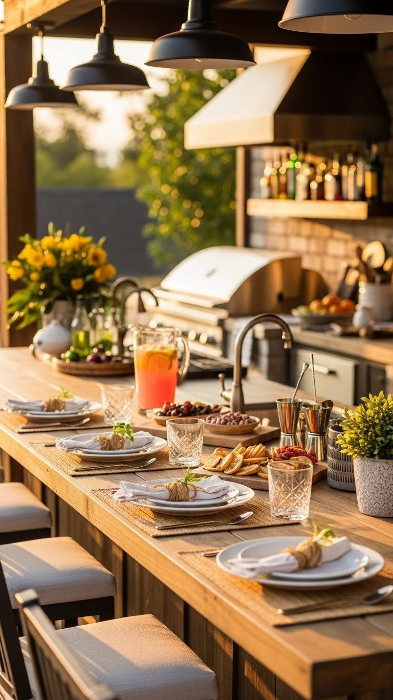 Rustic outdoor bar area with wooden counter, comfortable stools, and food spread for social entertaining
