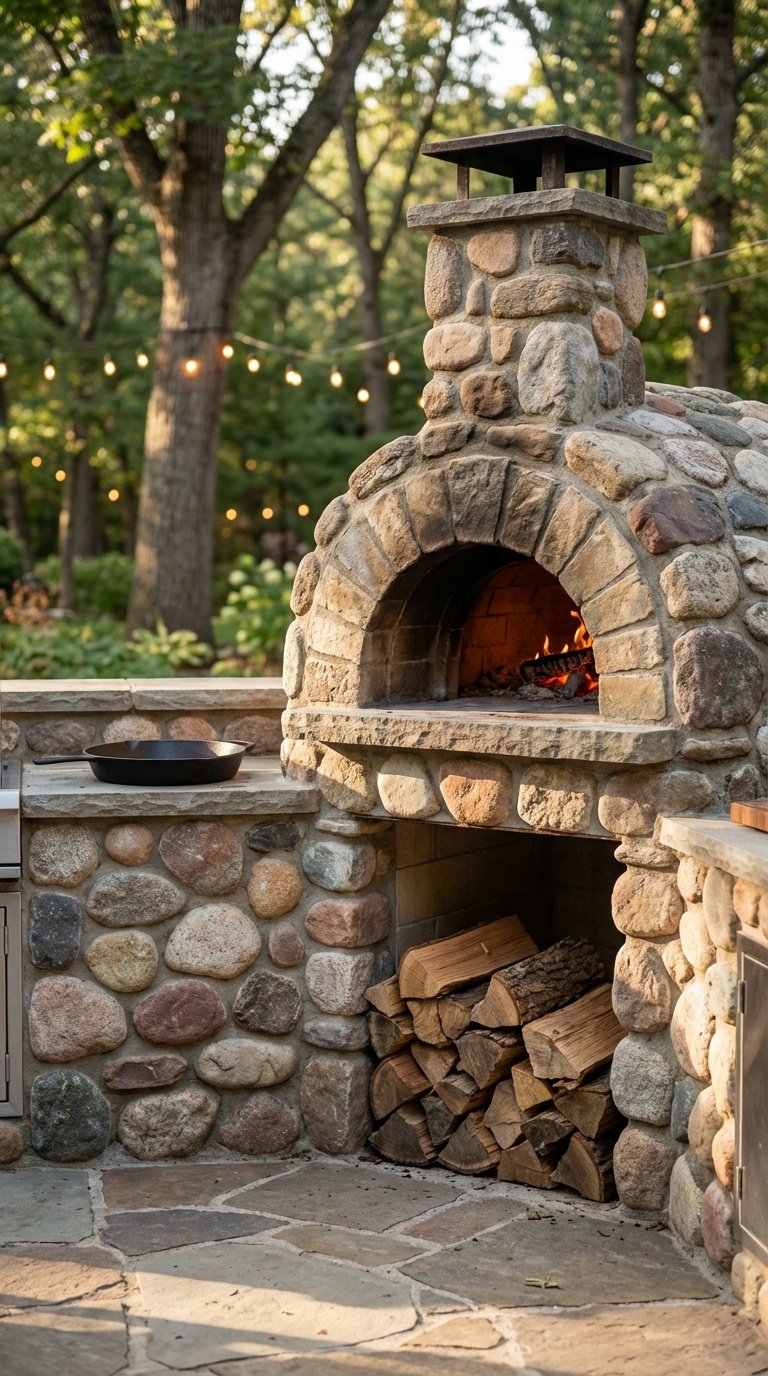 Rustic outdoor kitchen built from multi-colored river rock with stone pizza oven and cast-iron skillet on flagstone patio