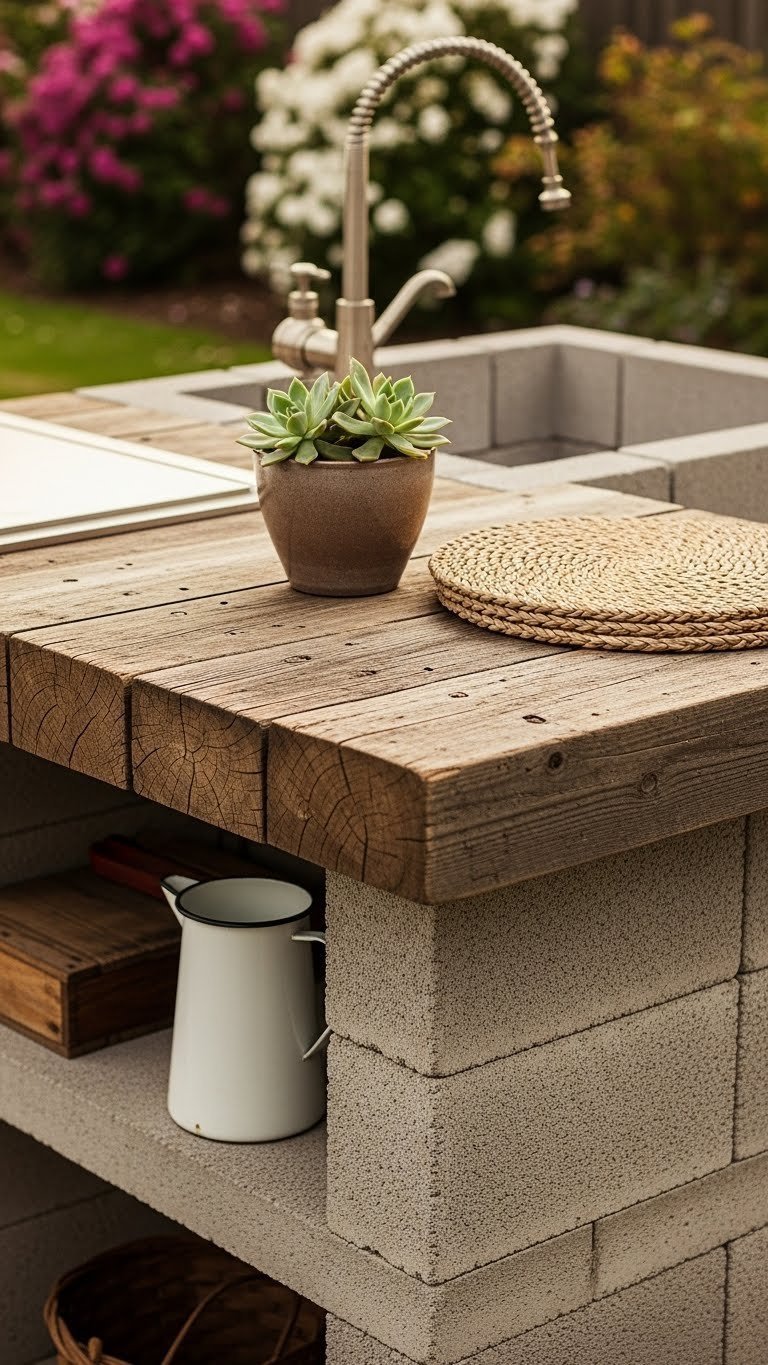 Rustic outdoor kitchen countertop made from reclaimed wood planks with succulent plant and vintage accessories