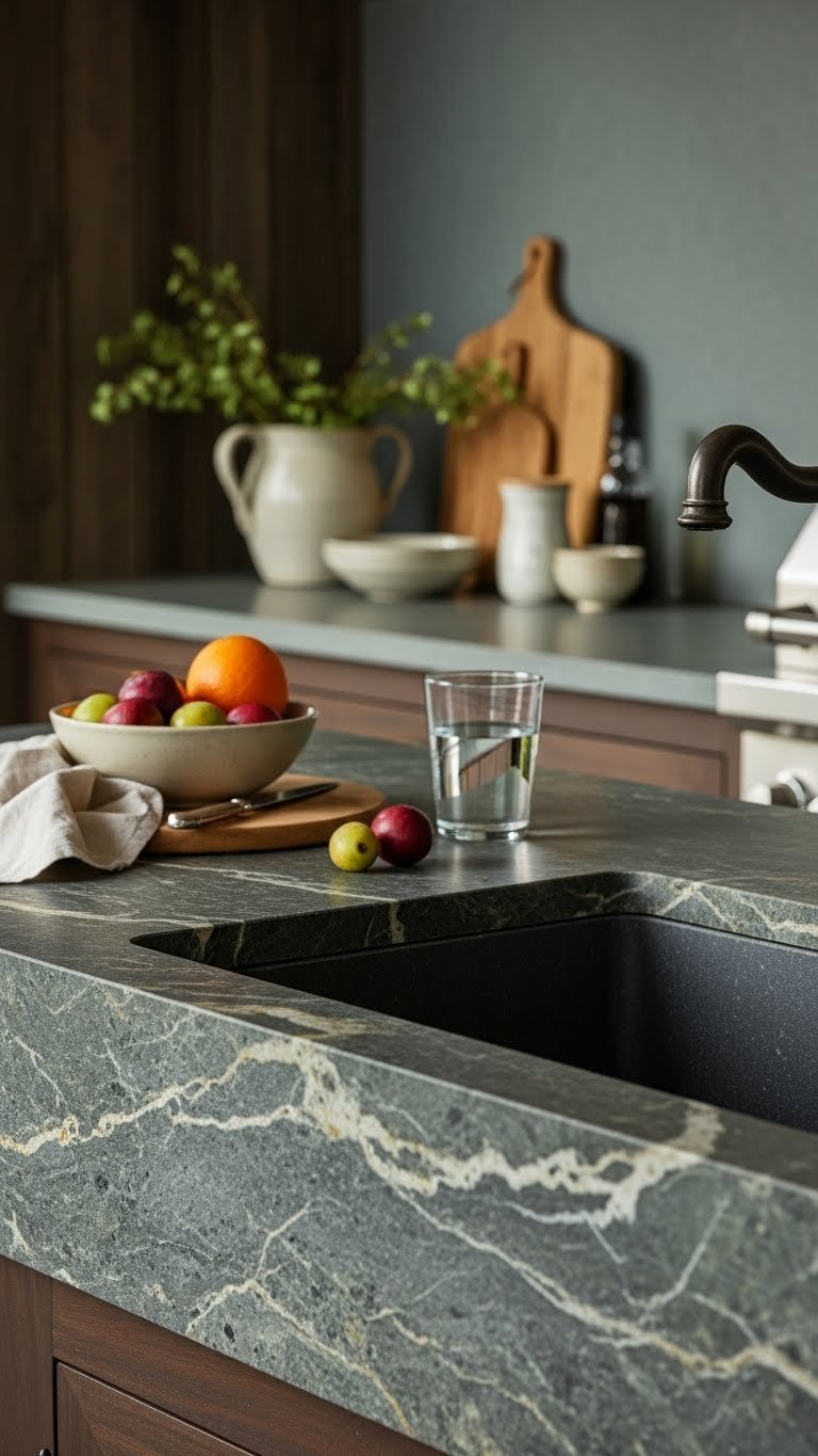 Rustic outdoor kitchen featuring natural stone countertop with visible veining and texture in earthy palette