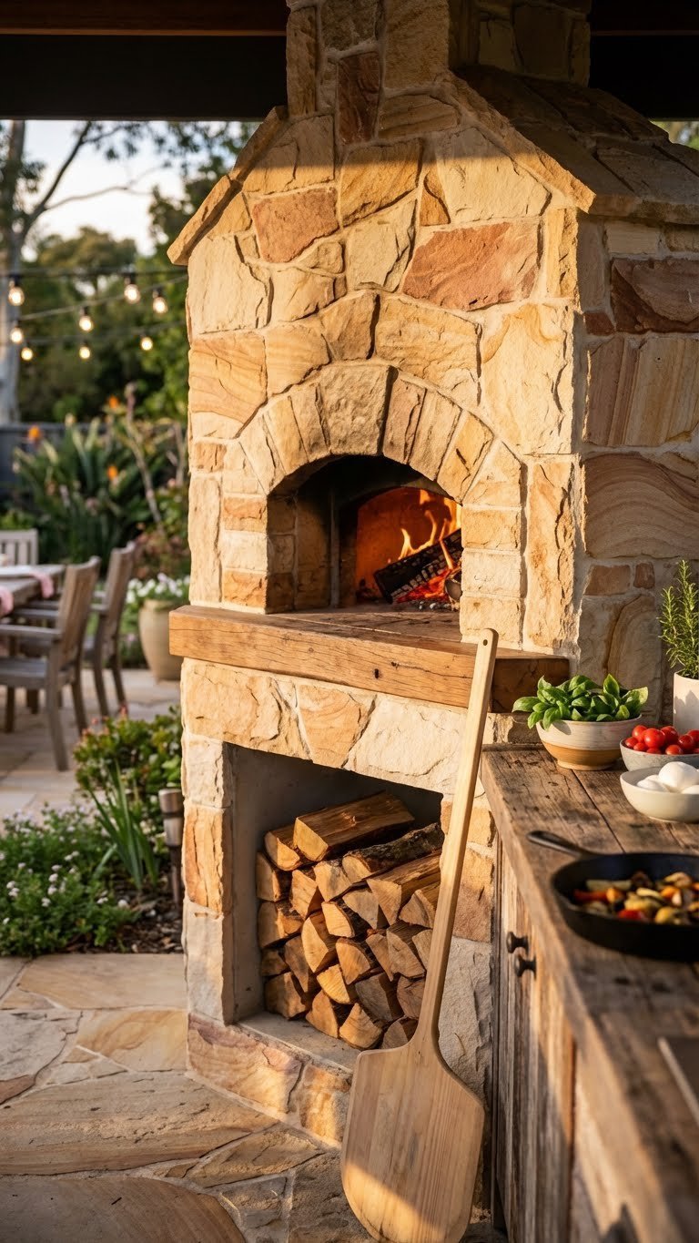 Outdoor Kitchen Patio Ideas 11 Proven Designs For Any Space 5 Rustic outdoor kitchen featuring stone-clad wood-fired pizza oven with wood countertops
