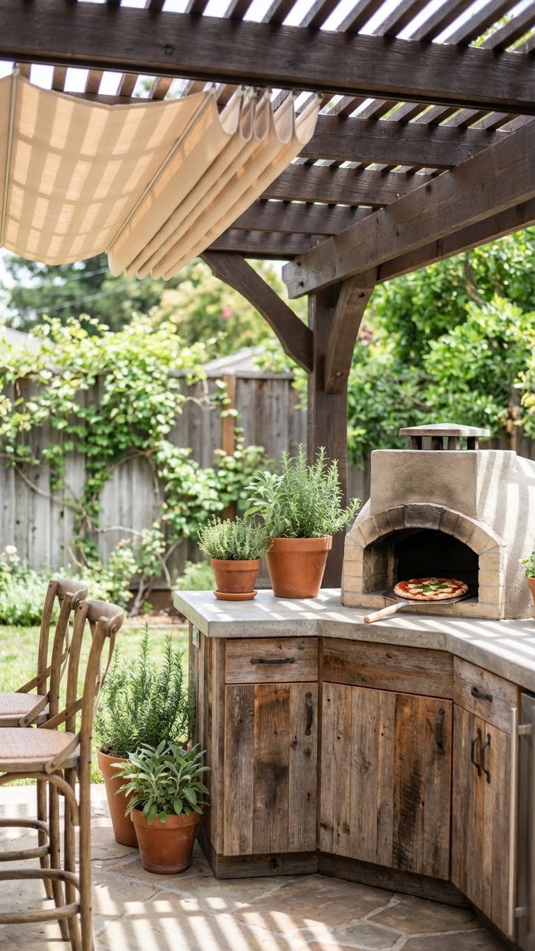 Outdoor Kitchen Enclosed Design Ideas For Year Round Use 5 Rustic outdoor kitchen under cedar pergola with retractable canopy, reclaimed wood cabinets, and pizza oven on flagstone patio
