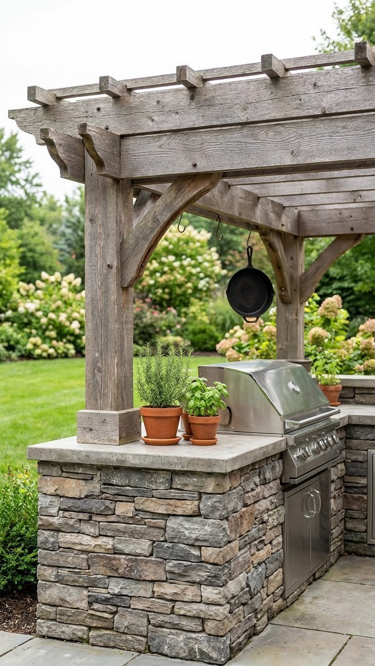 Rustic outdoor kitchen with fieldstone base and cedar pergola in backyard setting
