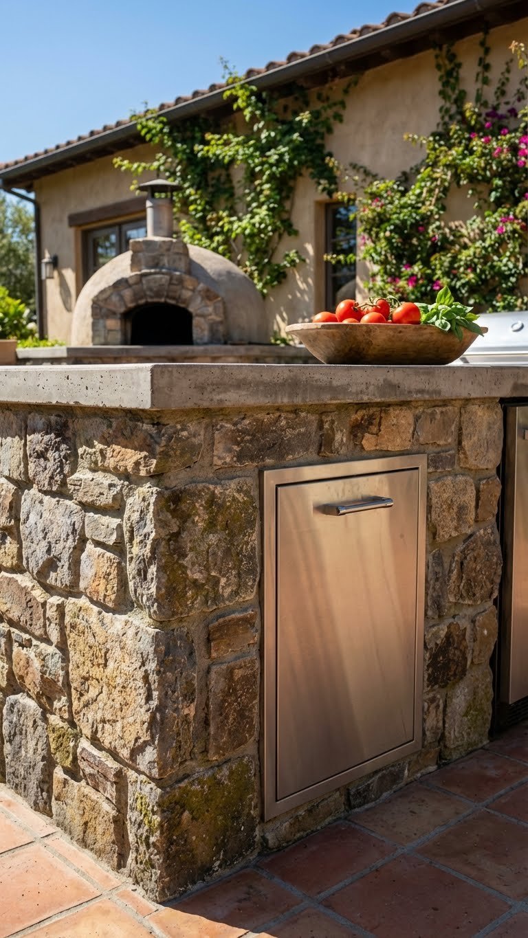Outdoor Kitchen Cabinets Ideas For Stylish Durable Storage 6 Rustic outdoor kitchen with natural stone cabinet bases and stainless steel door on terracotta tile patio.