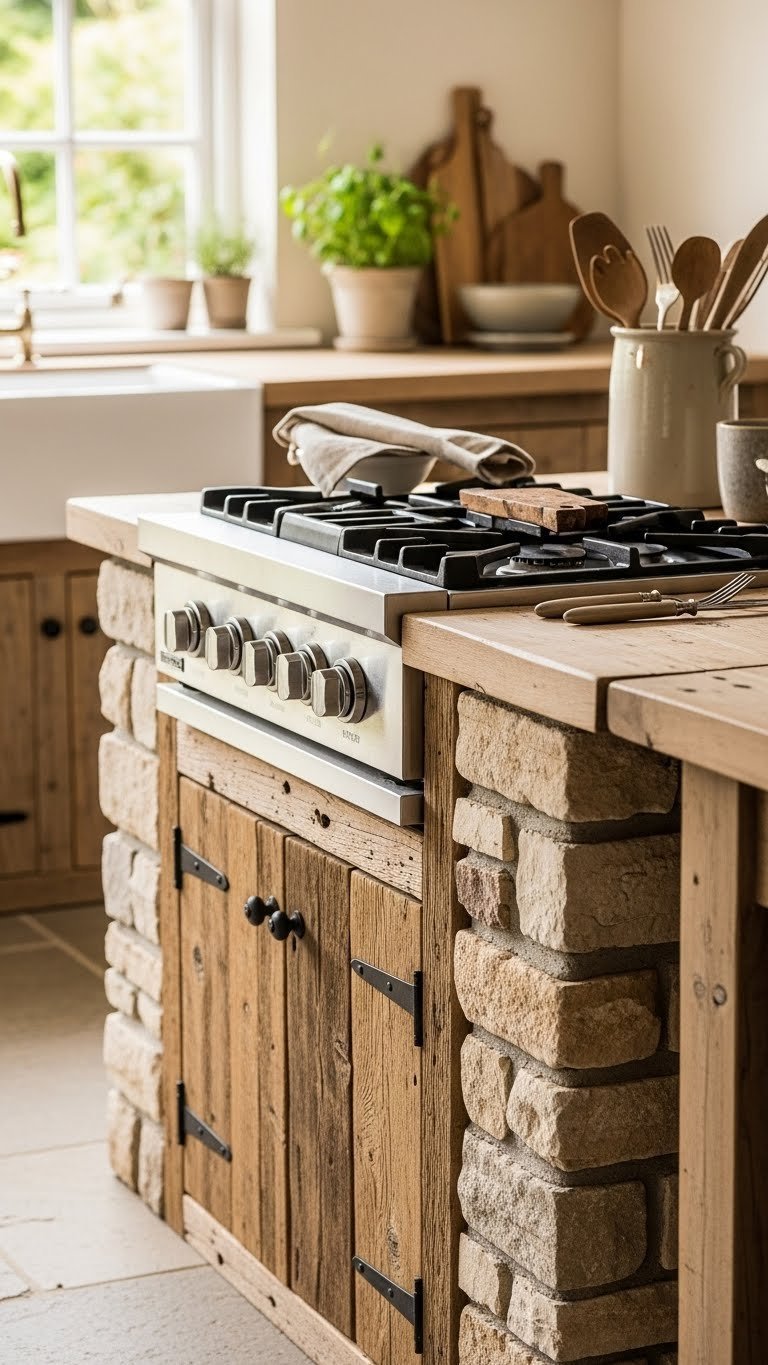 Rustic outdoor kitchen with reclaimed wood cabinetry and natural stone masonry in warm earthy tones against garden backdrop
