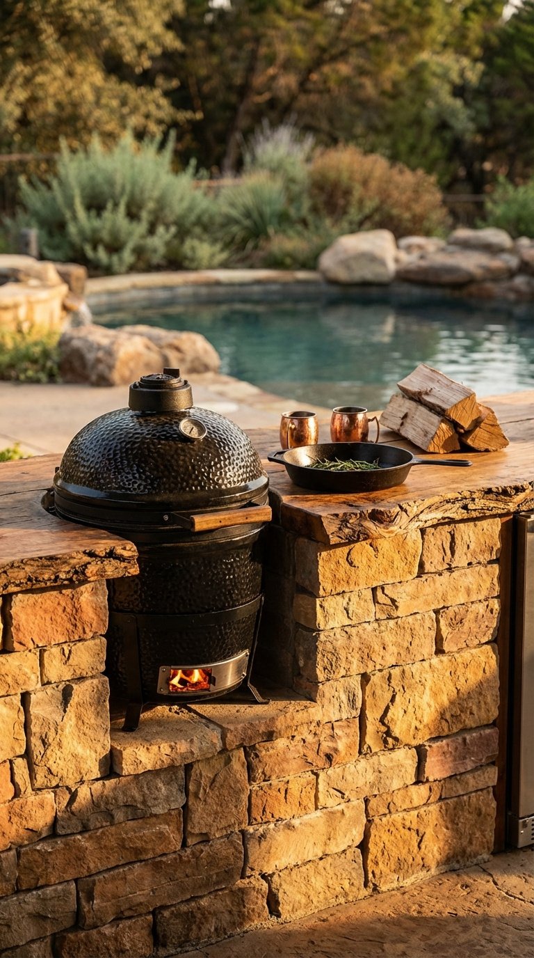 Rustic outdoor kitchen with stacked ledger stone construction and live-edge wood countertop featuring black built-in smoker grill