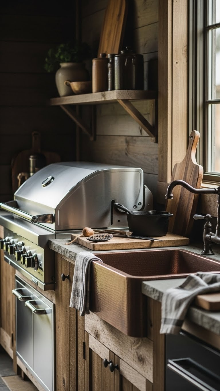 Rustic outdoor kitchen with stainless steel grill and vintage copper sink among natural wood and stone elements